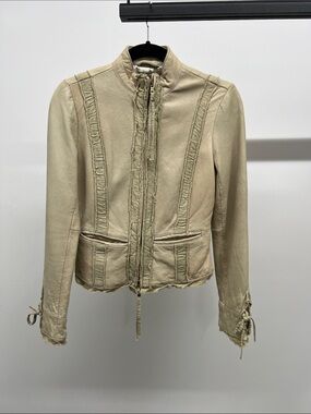 Beige Leather Zip-Up Jacket with Frayed Trim